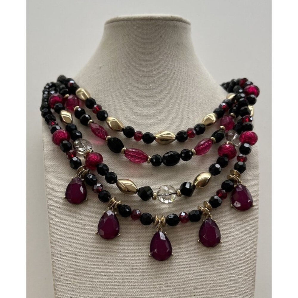 Vintage THE LIMITED 4 Strand Faceted Black Magenta Crystal Women’s Necklace 22”